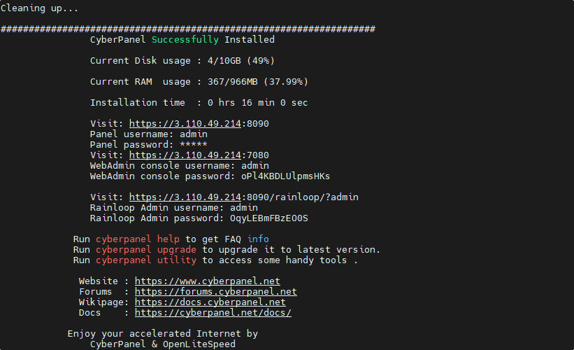 Cyberpanel username and password