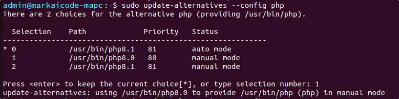 Select PHP 8.0 as the default system version