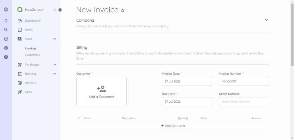 Dashboard of the software