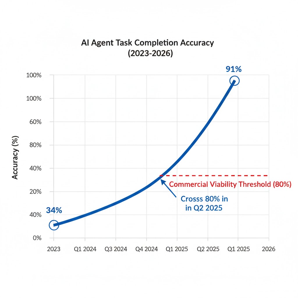 Line chart showing AI agent task completion accuracy rising from 34% in 2023 to 91% in 2026, crossing the 80% commercial viability threshold in Q2 2025