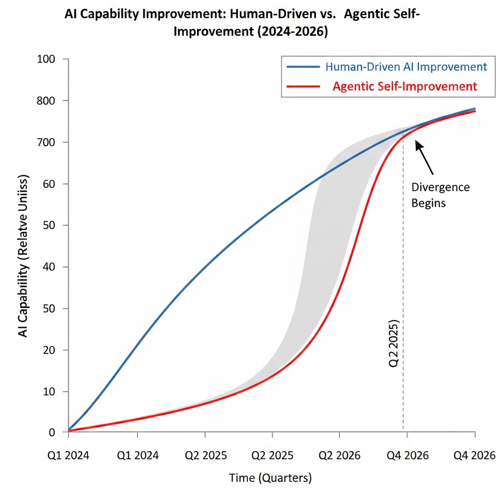 Chart comparing human-driven AI capability improvement curve versus agentic self-improvement curve from 2024-2026, showing divergence beginning Q2 2025