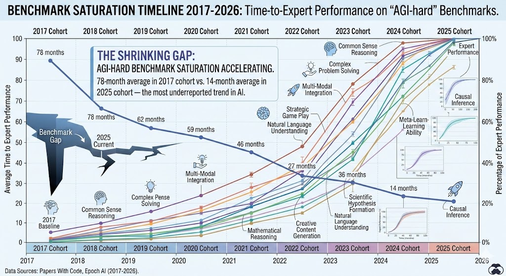 Benchmark saturation timeline 2017-2026