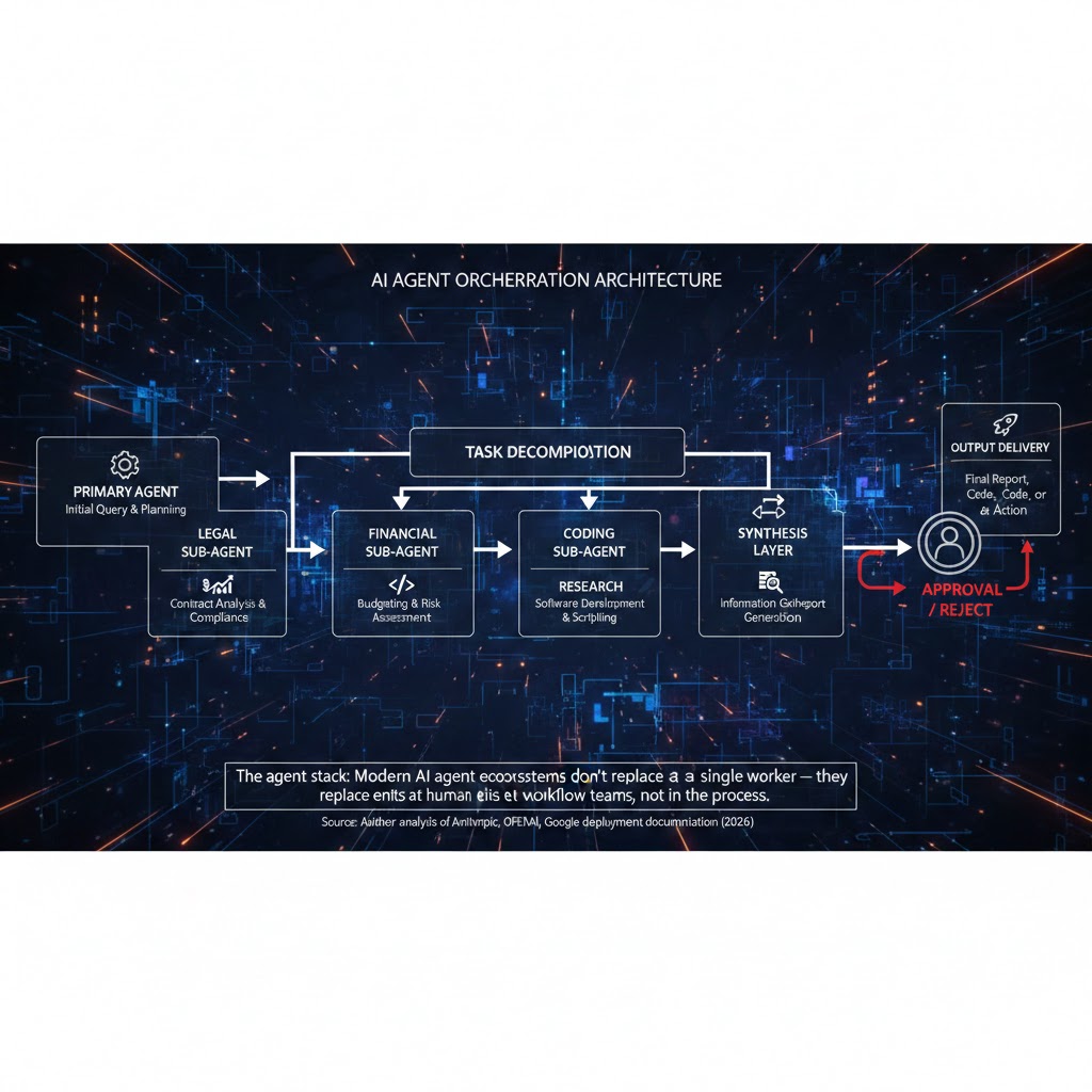 Flowchart showing AI agent orchestration architecture: primary agent → task decomposition → specialist sub-agents (legal, financial, coding, research) → synthesis layer → human approval gate → output delivery