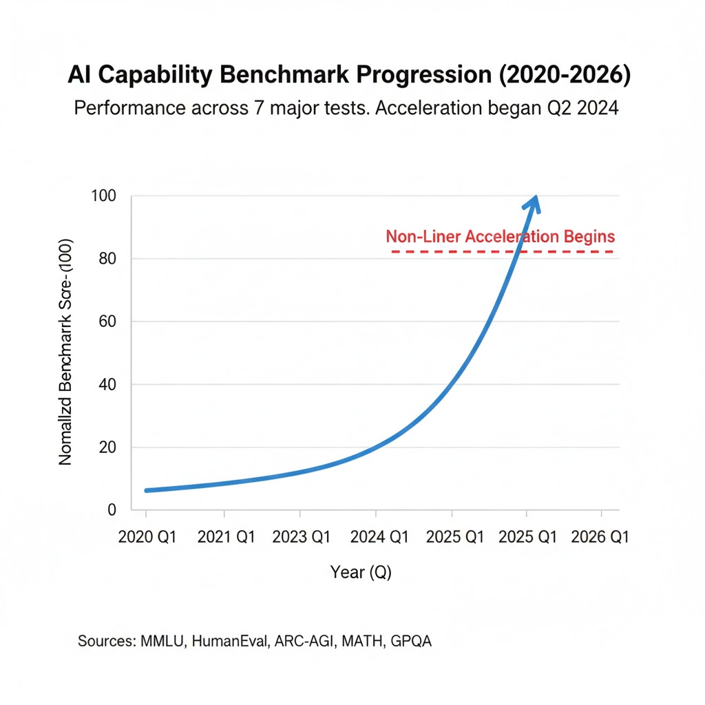 AI capability benchmark progression from 2020 to 2026 showing nonlinear acceleration