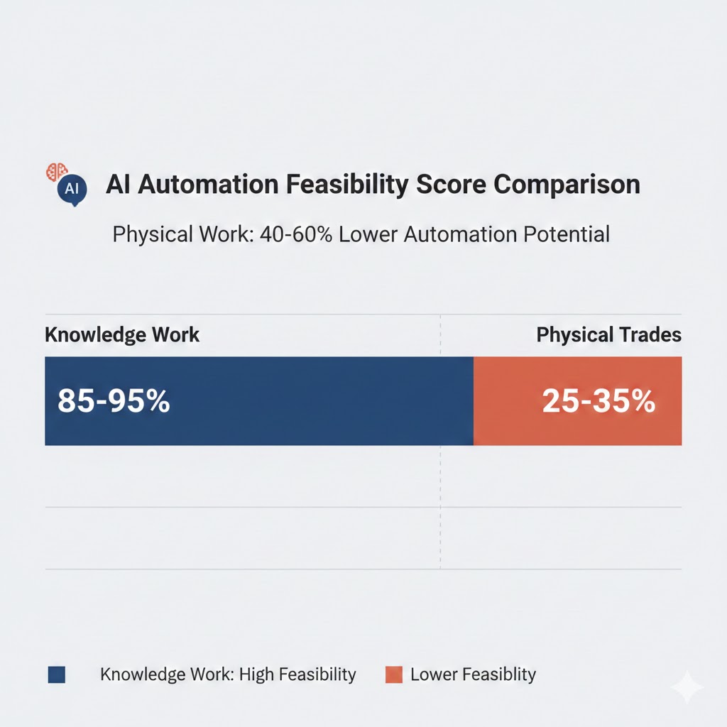 Chart comparing AI automation feasibility scores for knowledge work versus physical trades, showing physical work scores 40-60% lower on automation potential