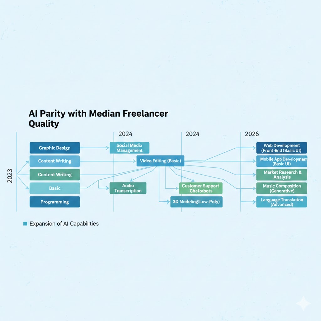 Timeline chart showing the categories where AI has reached parity with median freelancer quality, expanding from 3 categories in 2023 to 14 categories in 2026