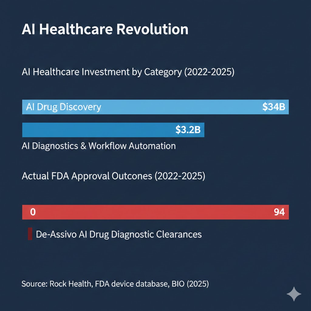 AI healthcare investment by category 2022-2025 versus actual FDA approval outcomes