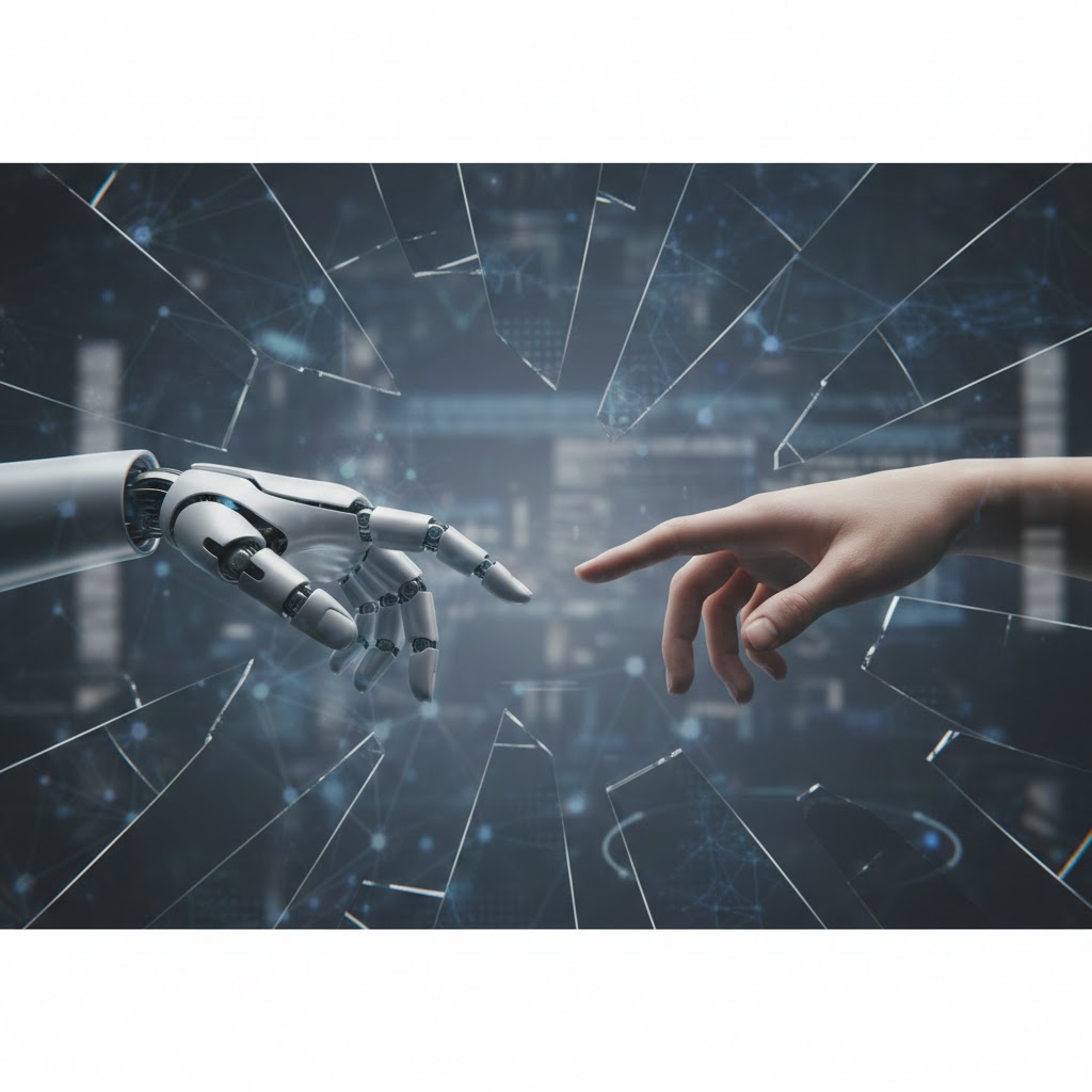 A human hand and a robotic hand reaching toward each other against a fractured mirror background symbolizing identity