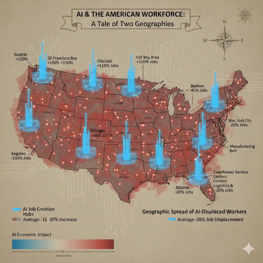 Map of United States showing concentration of AI job creation in 11 metro areas versus geographic spread of AI-displaced workers