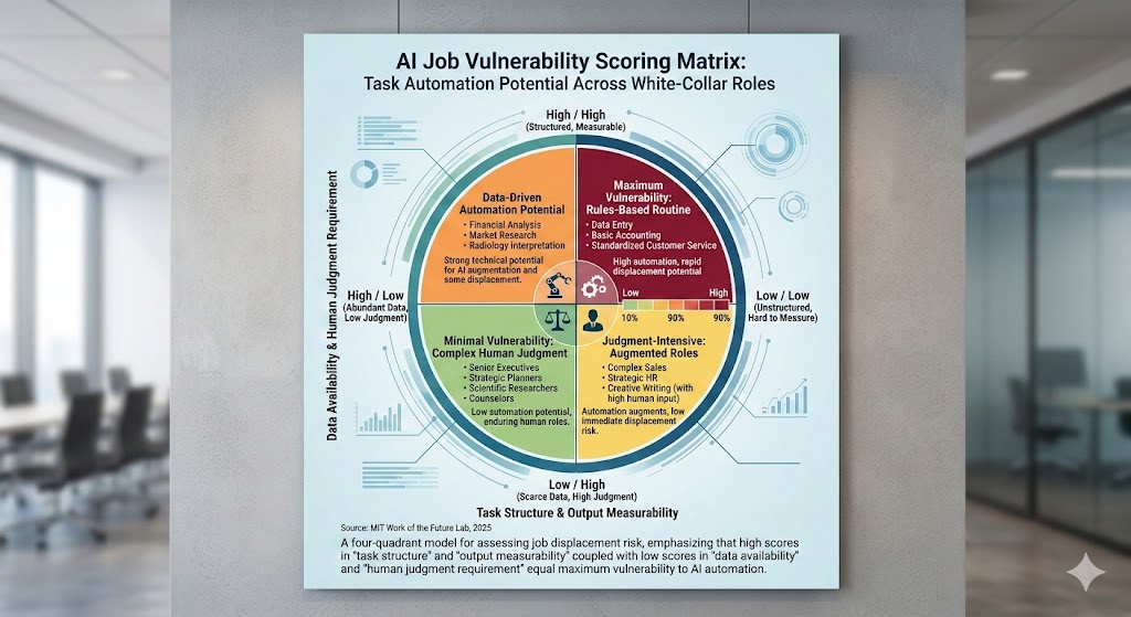 AI job vulnerability scoring matrix showing task automation potential across white-collar roles
