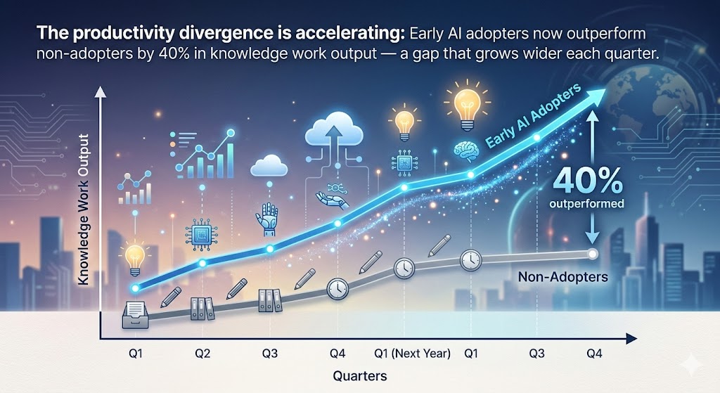 AI productivity adoption curve showing early adopters outpacing laggards in knowledge work output 2024-2026