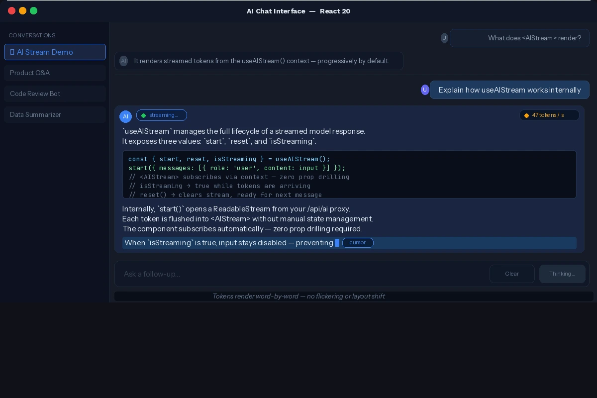 Chat interface showing progressive token rendering