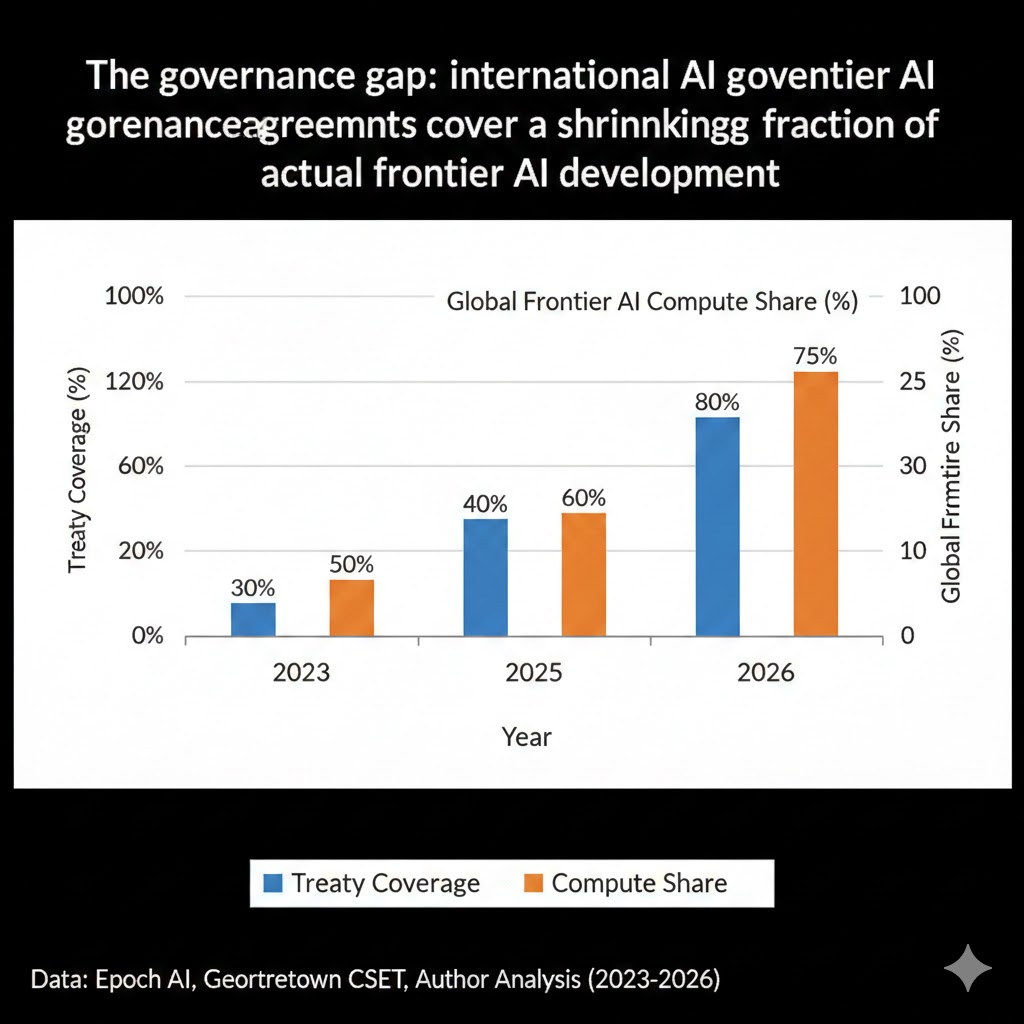 Chart comparing treaty coverage percentage vs global frontier AI compute share over time