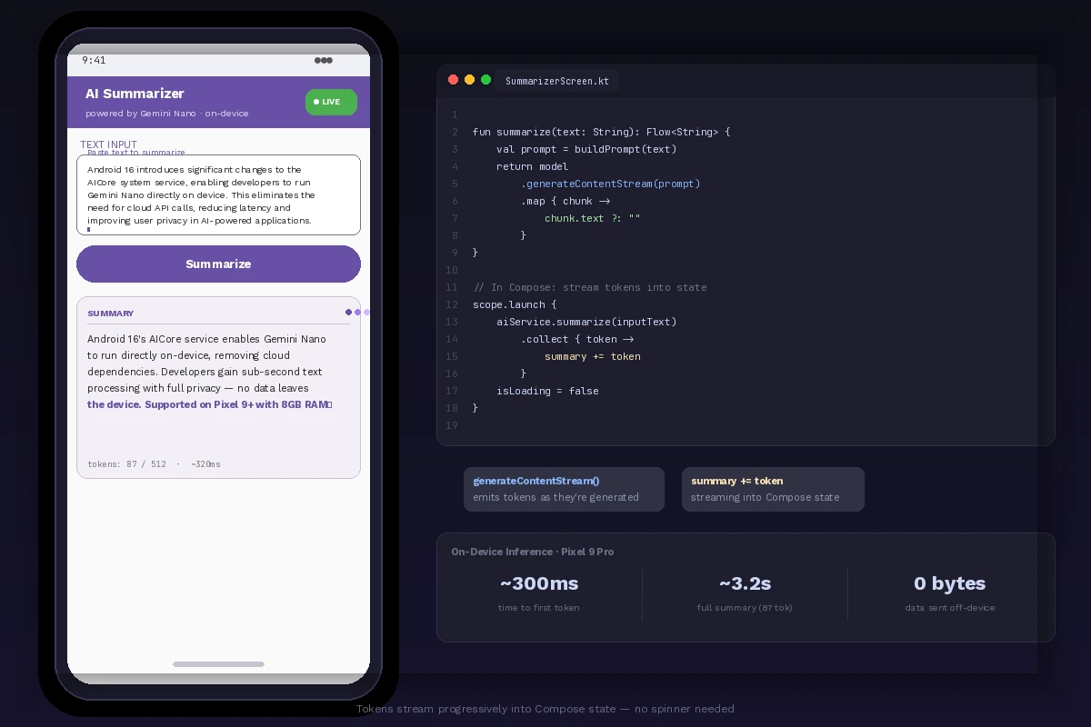 Compose UI with text input and streaming summary output