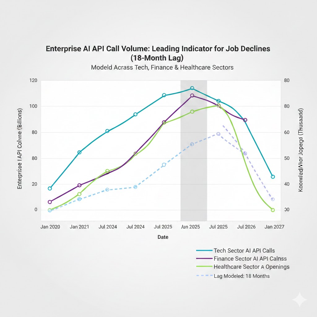 Time-series chart showing enterprise AI API call volume as a leading indicator for knowledge worker job opening declines, with an 18-month lag modeled across three industry sectors
