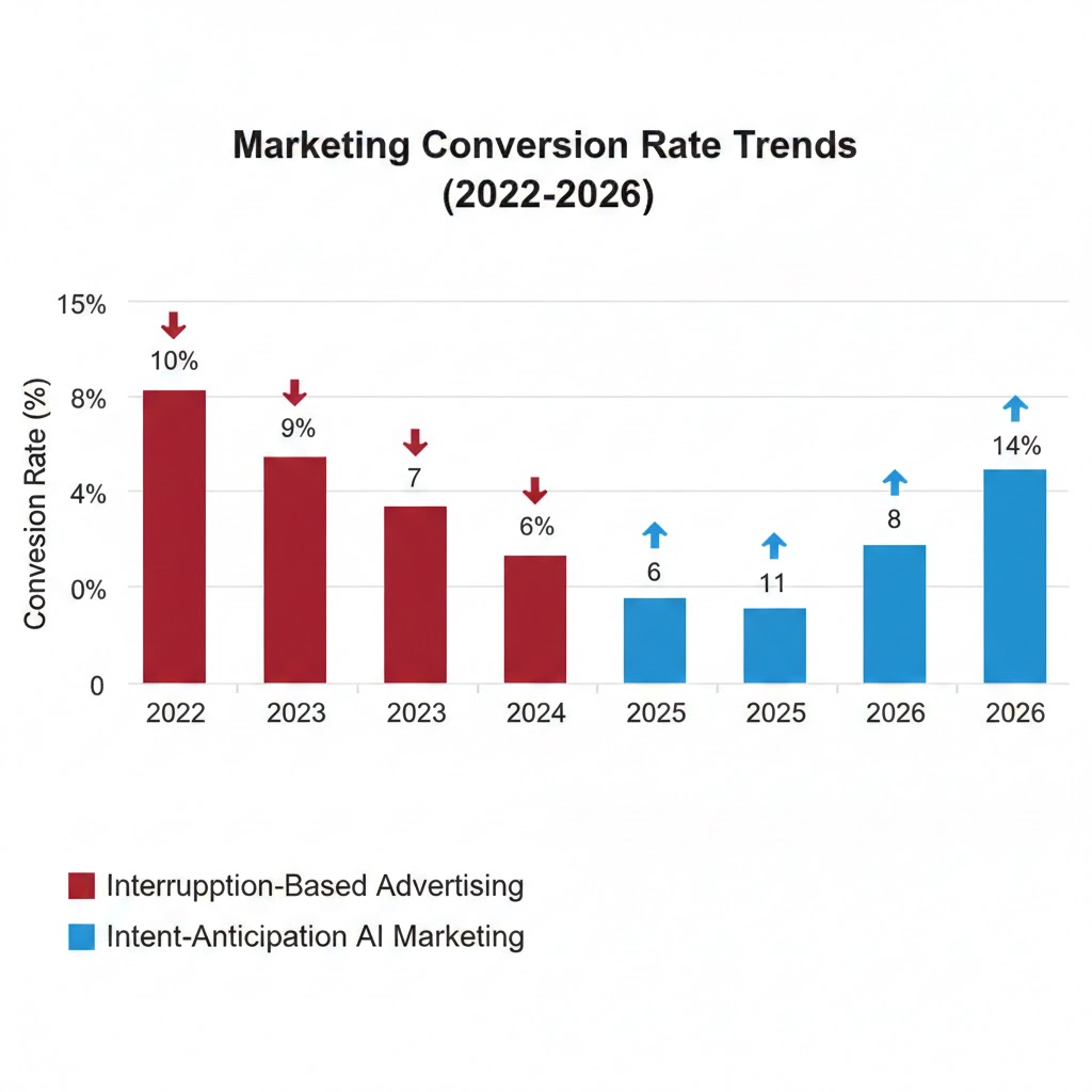 Chart showing declining conversion rates for interruption-based advertising versus rising conversion rates for intent-anticipation AI marketing from 2022 to 2026