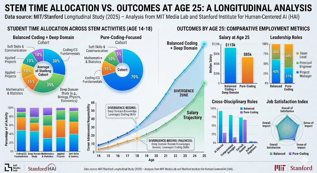 Student time allocation across STEM activities versus outcomes at age 25