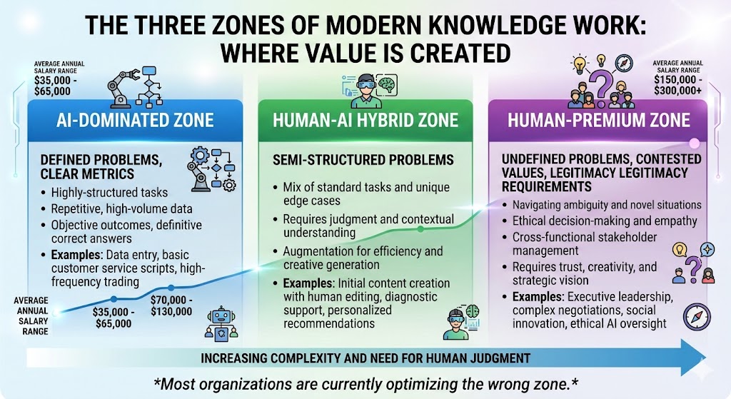 Diagram showing three zones: AI-Dominated (defined problems, clear metrics), Human-AI Hybrid (semi-structured problems), and Human-Premium (undefined problems, contested values, legitimacy requirements) with salary data overlaid on each zone