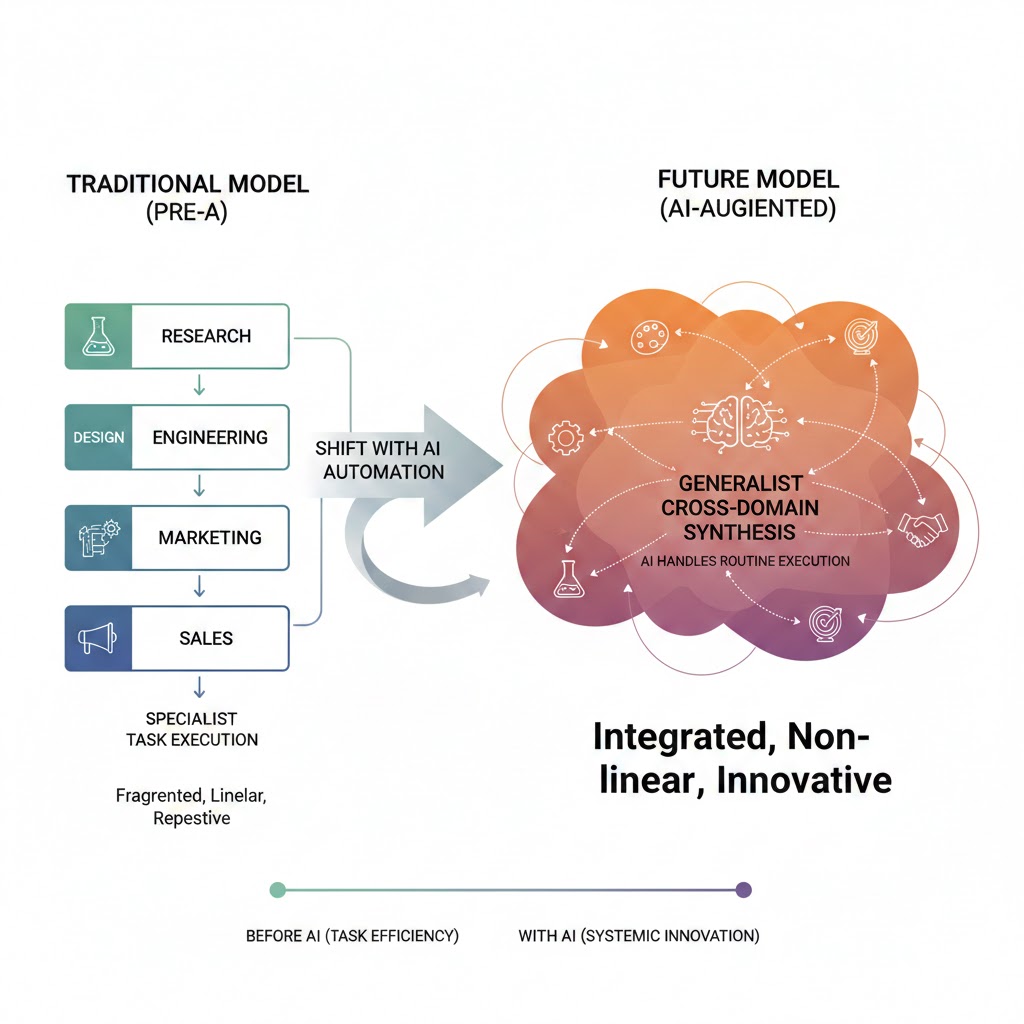 Diagram showing how value creation has shifted from specialist task execution to generalist cross-domain synthesis as AI handles routine execution