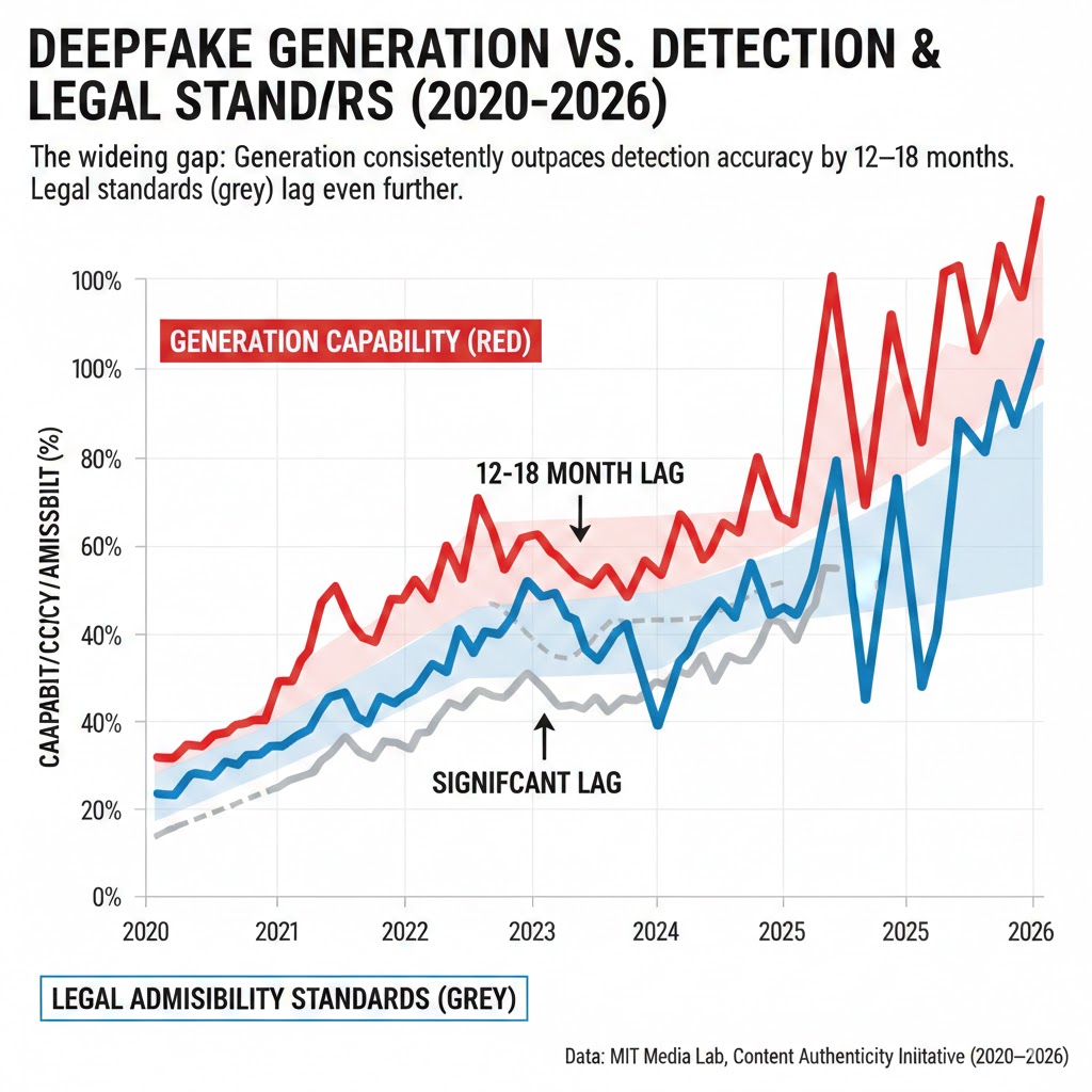 Timeline chart showing proliferation of deepfake generation tools vs. detection accuracy rates and legal admissibility standards 2020–2026