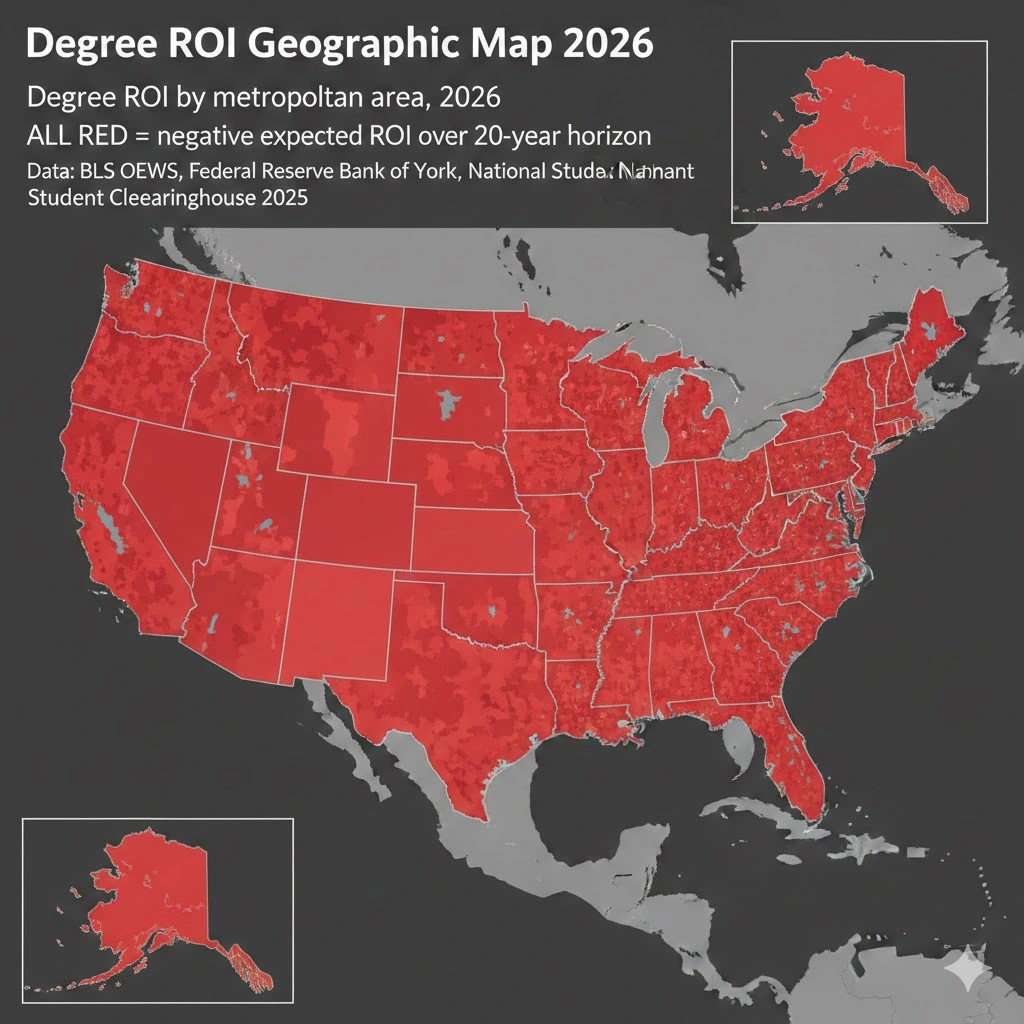 US map showing degree wage premium by metropolitan area in 2026, with red zones indicating negative ROI regions and green zones showing remaining positive premium areas