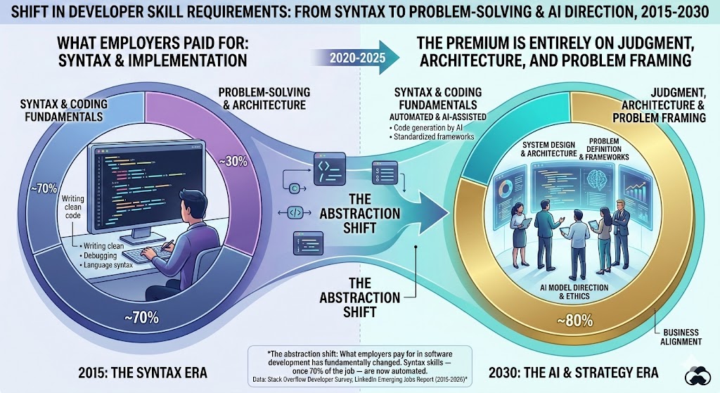 Shift in developer skill requirements from syntax to problem-solving and AI direction, 2015 to 2030