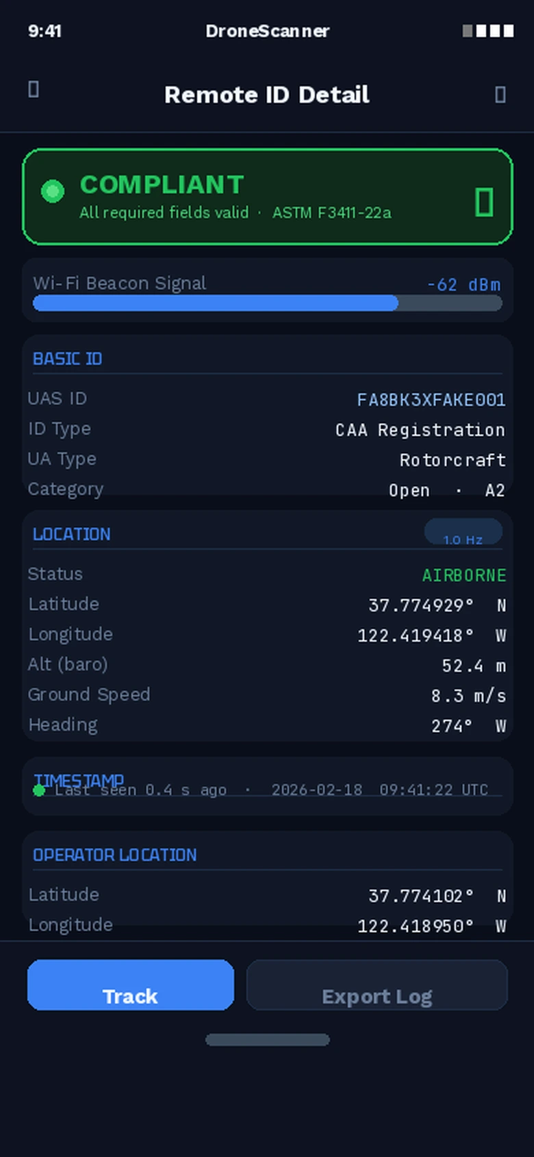 DroneScanner app showing a compliant Remote ID signal