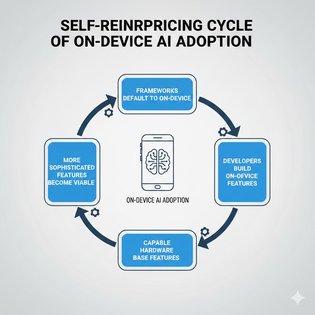 Flowchart showing the self-reinforcing cycle of on-device AI adoption: frameworks default to on-device, developers build on-device features, users upgrade for features, capable hardware base grows, more sophisticated features become viable