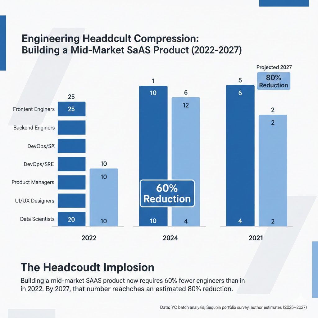 Bar chart comparing engineering headcount required to build equivalent software products in 2022 vs 2024 vs projected 2027, showing a 62% reduction across categories