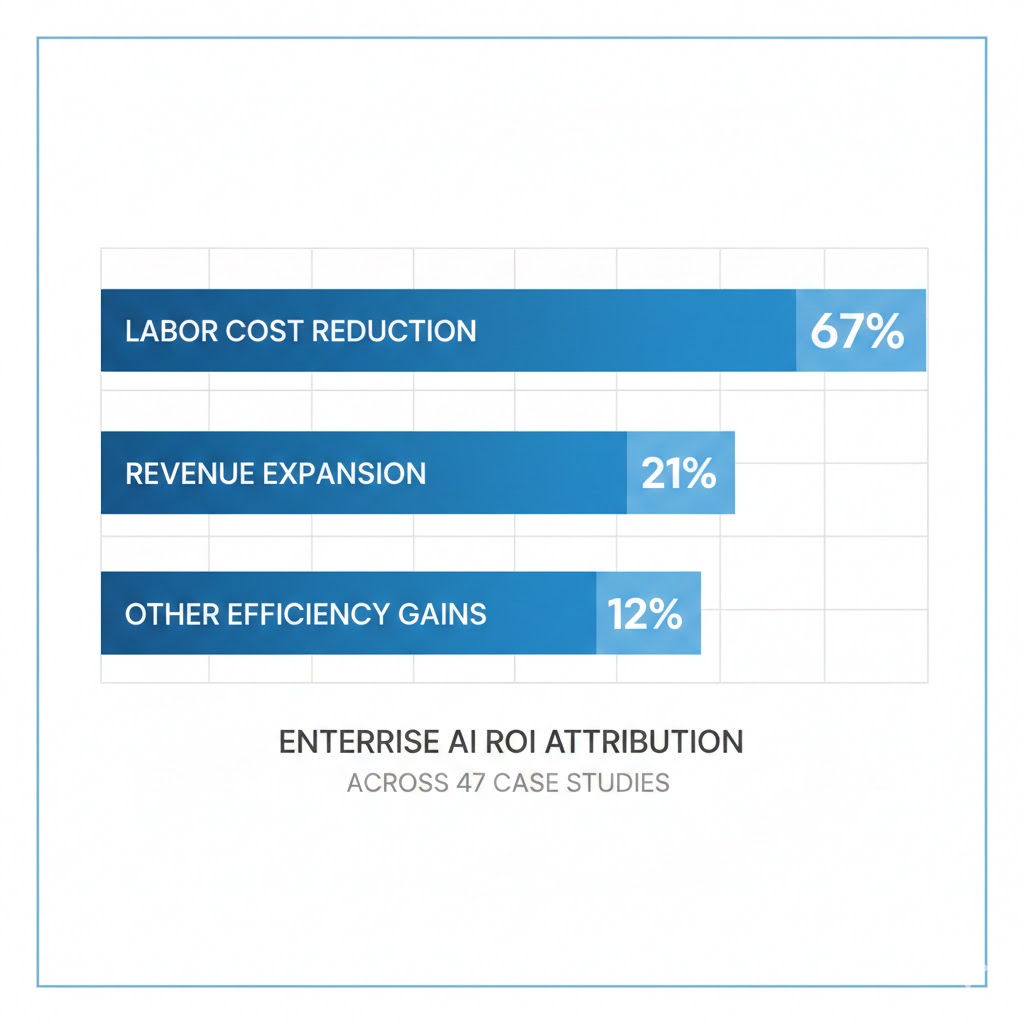 Bar chart showing enterprise AI ROI attribution: 67% from labor cost reduction, 21% from revenue expansion, 12% from other efficiency gains, across 47 case studies