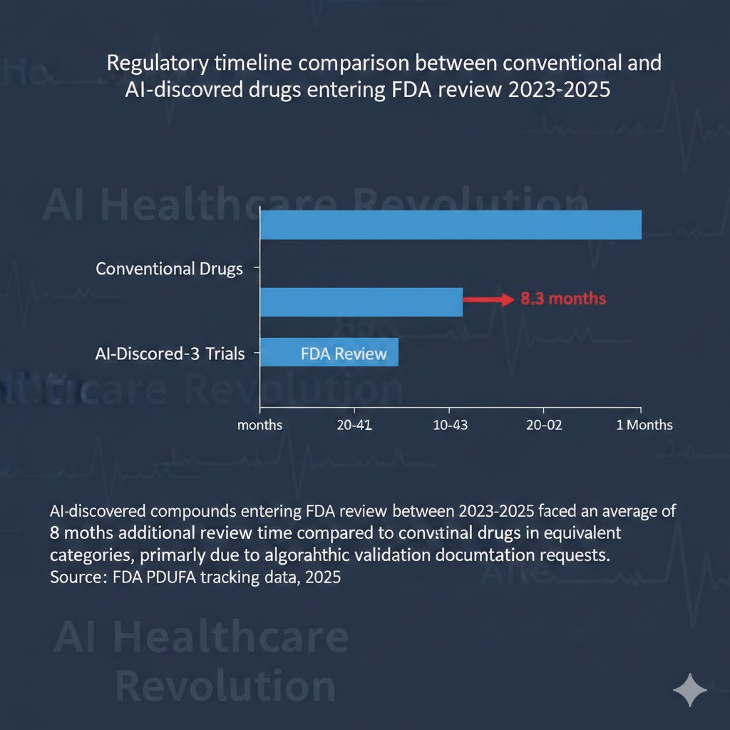 Regulatory timeline comparison between conventional and AI-discovered drugs entering FDA review 2023-2025