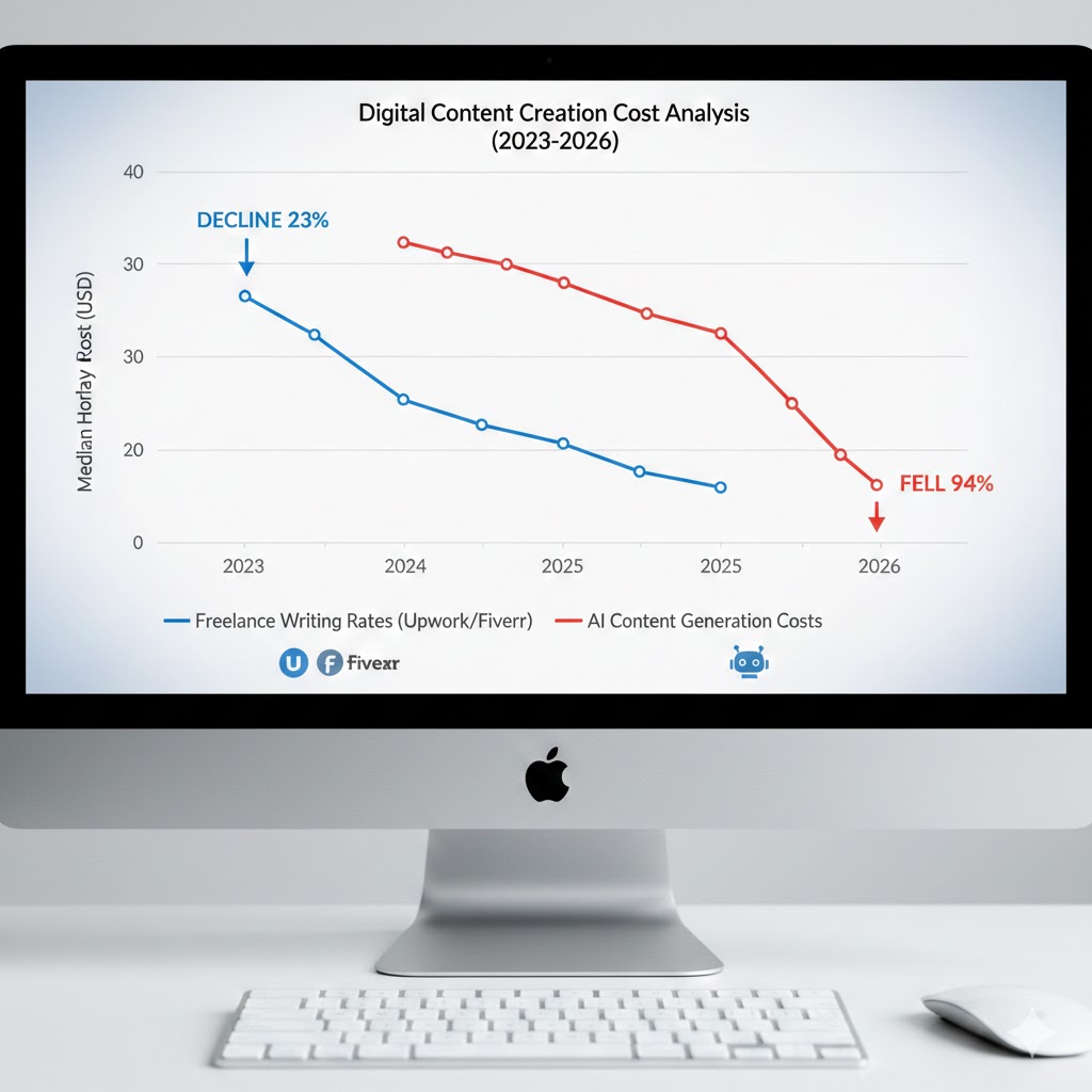 Chart showing median freelance writing rates on Upwork and Fiverr declining 23% from 2023-2026 while AI content generation costs fell 94% in the same period