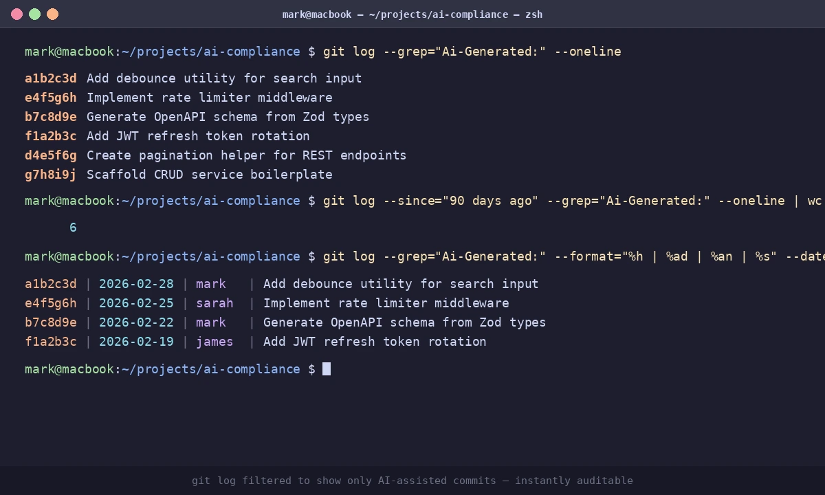 Terminal showing git log output filtered by Ai-Generated trailer
