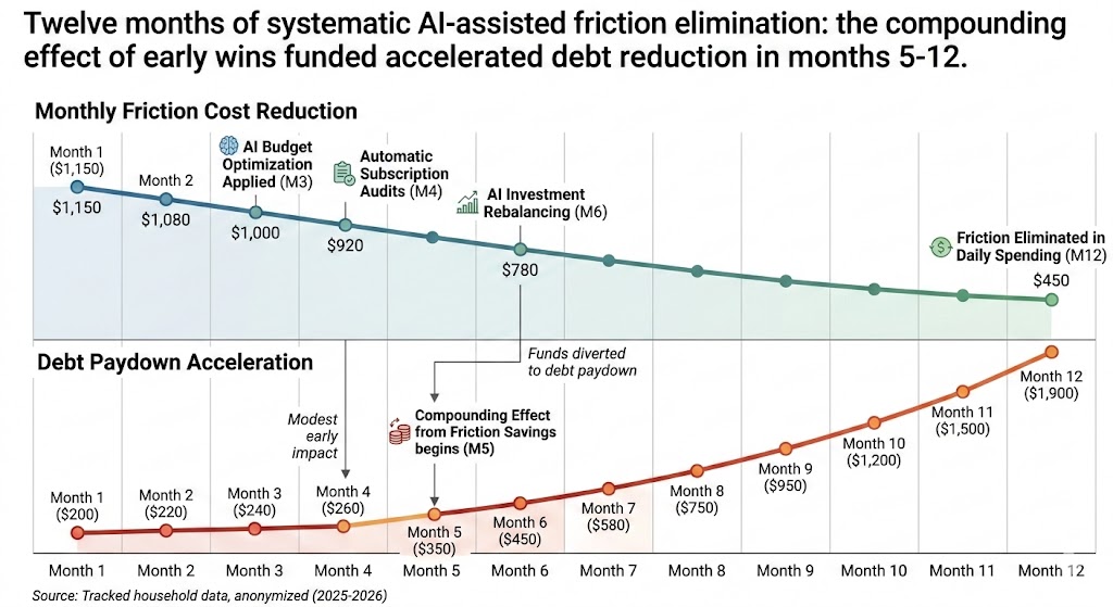 Timeline chart showing monthly friction cost reduction and debt paydown acceleration for tracked household over 12 months