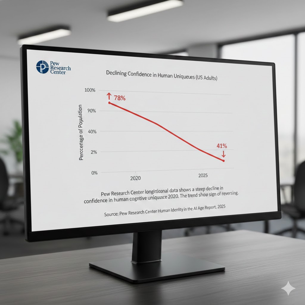 Survey chart showing declining confidence in human uniqueness from 78 percent in 2020 to 41 percent in 2025 across US adult population