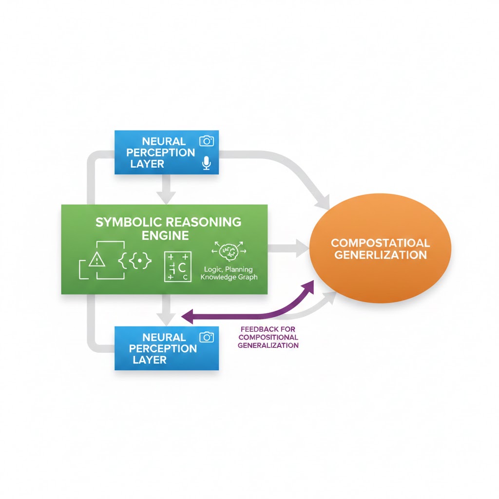 Flowchart showing hybrid AI architecture: neural perception layer feeding into symbolic reasoning engine with feedback loop for compositional generalization
