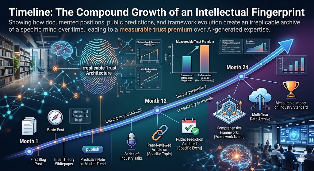 Timeline visualization of Intellectual Fingerprint development: showing how documented positions, public predictions, and framework evolution create irreplicable trust architecture