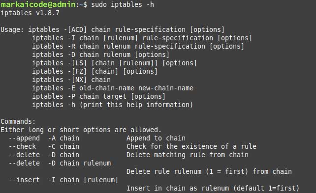 sudo iptables -h