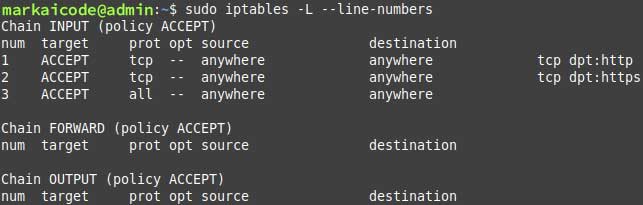 sudo iptables -L --line-numbers
