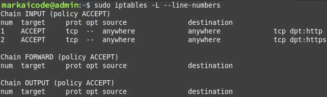 sudo iptables -L --line-numbers