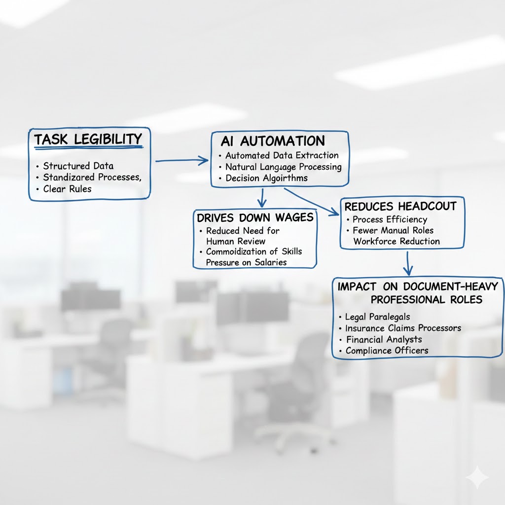 Flowchart illustrating how task legibility enables AI automation, which drives down wages and headcount in document-heavy professional roles