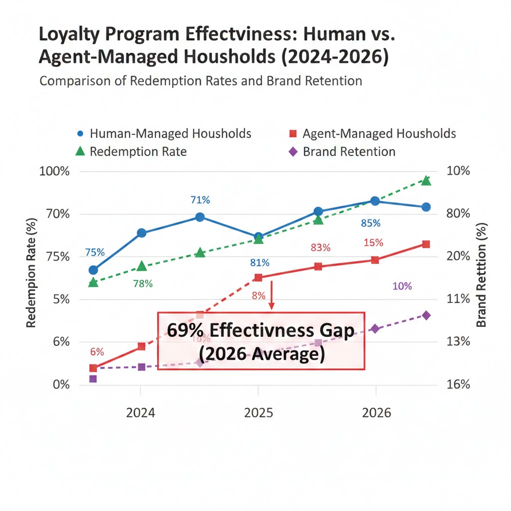 Dual-axis chart comparing loyalty program redemption rates and brand retention for human vs agent-managed households from 2024-2026, showing 69% effectiveness gap