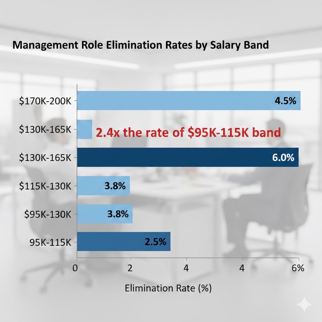 Bar chart showing management role elimination rates by salary band, with the $130K-165K band showing 2.4x the elimination rate of the $95K-115K band
