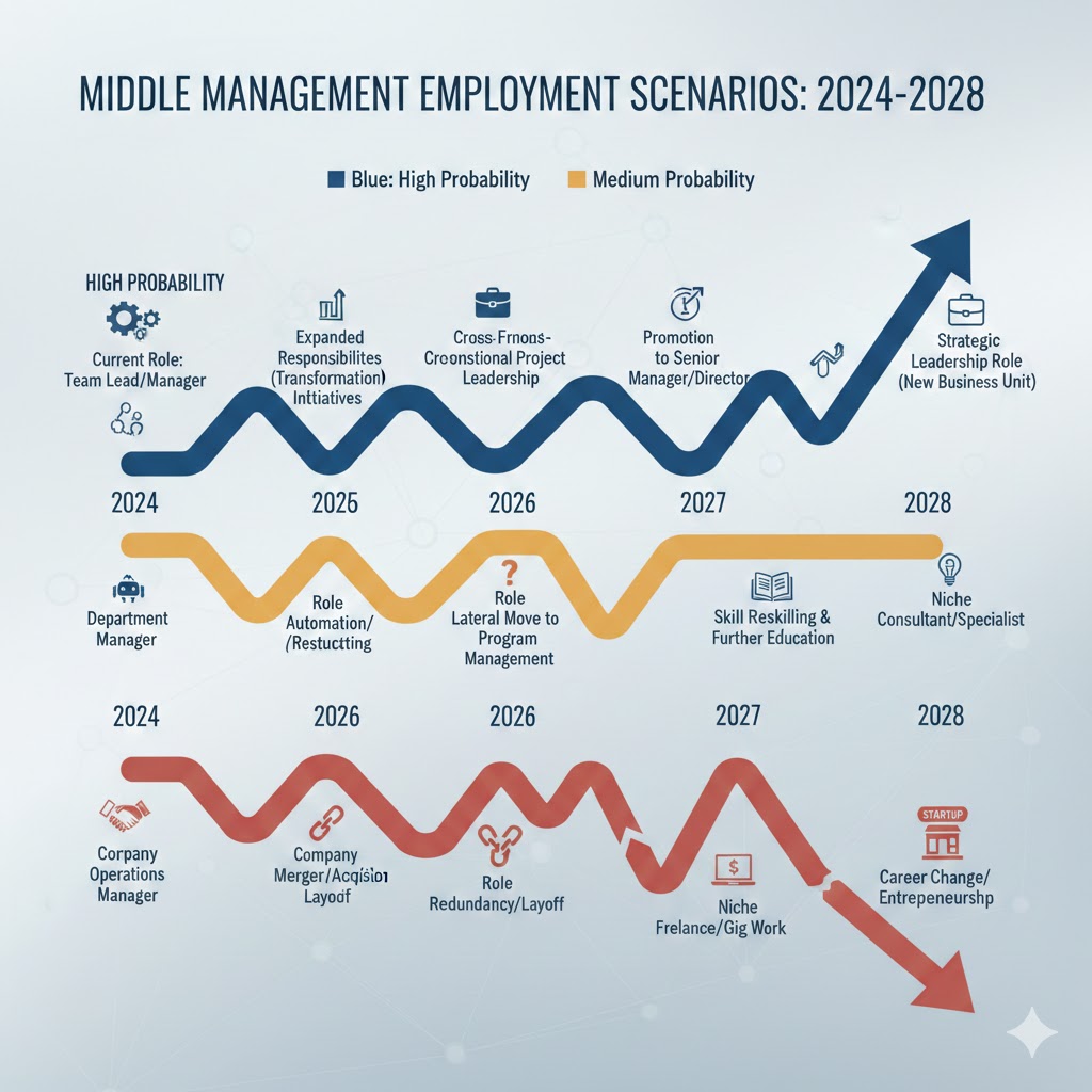 Timeline showing three scenario paths for middle management employment through 2028, color-coded by probability