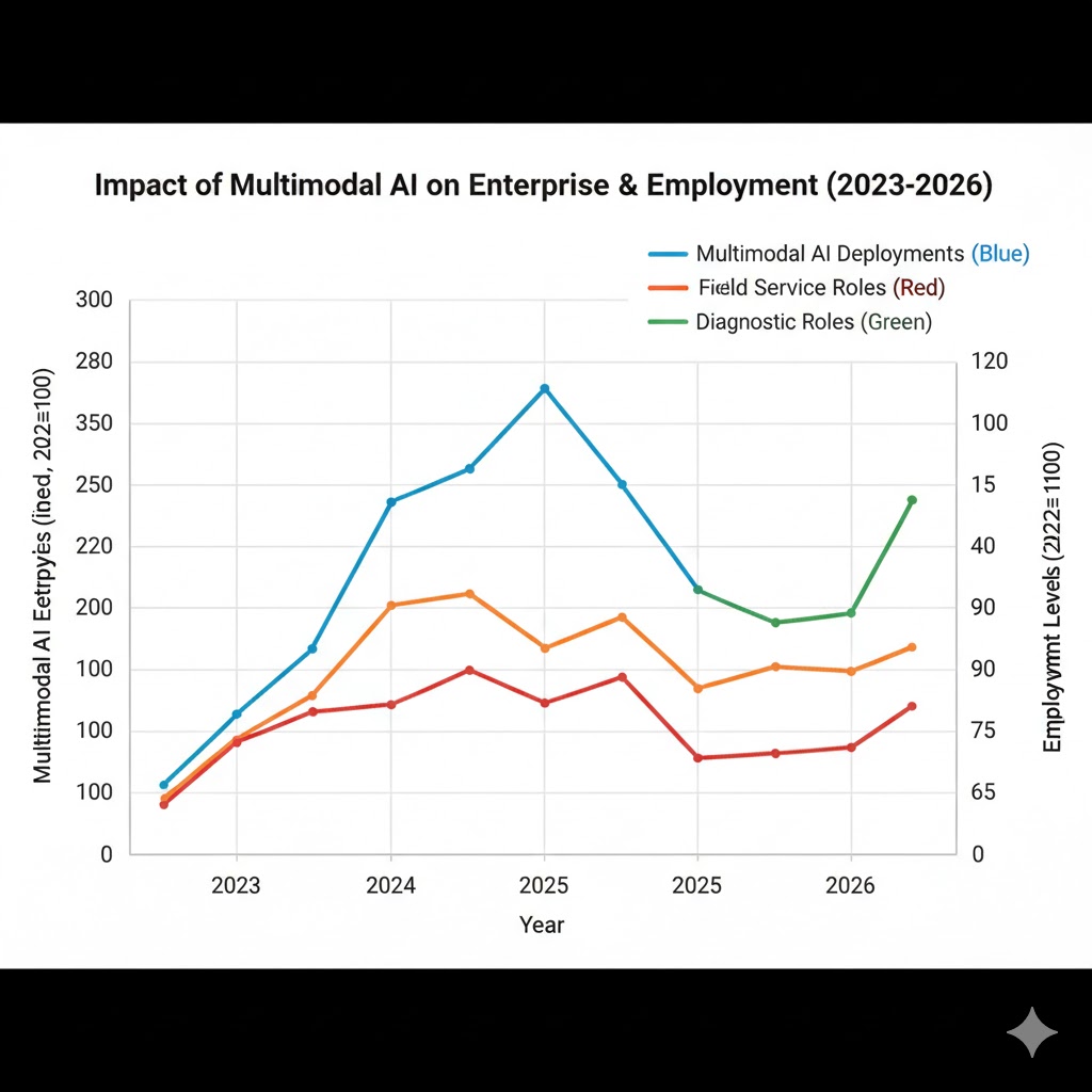 Dual-axis chart comparing growth in multimodal AI enterprise deployments against employment levels in visual inspection, field service, and diagnostic roles from 2023-2026
