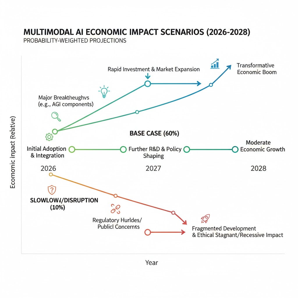 Three-path timeline chart showing probability-weighted scenarios for multimodal AI economic impact from 2026 to 2028, with key trigger events marked at decision nodes