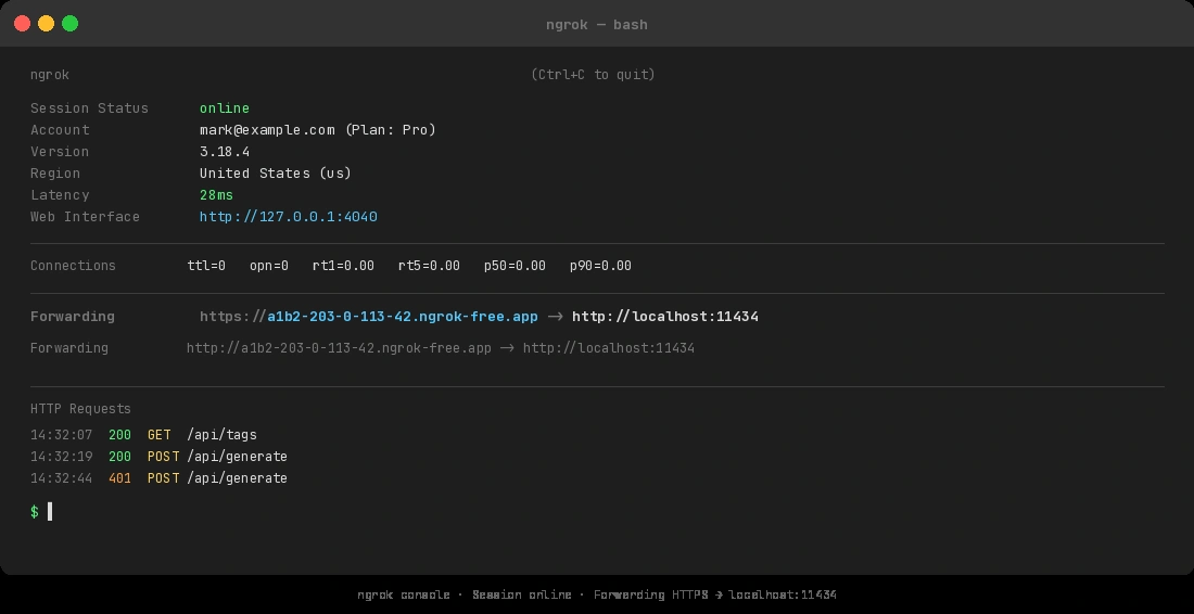 Ngrok console showing active tunnel with public HTTPS URL