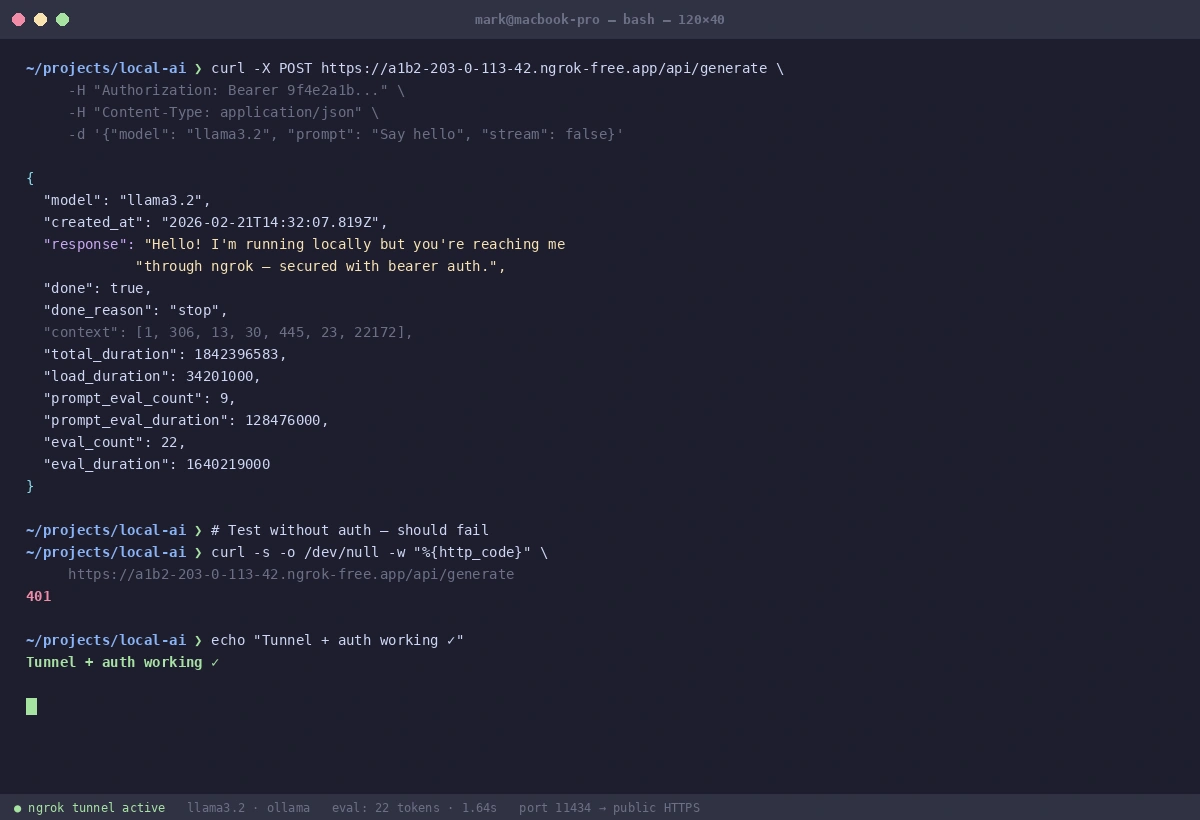 Terminal showing successful curl response through ngrok tunnel