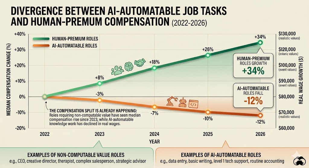 Chart showing divergence between AI-automatable job tasks and human-premium compensation from 2022 to 2026, with human-premium roles growing 34% in median salary while automatable roles fall 12%