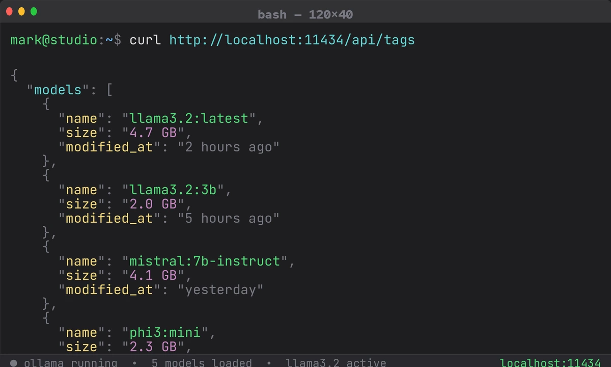 Terminal showing Ollama responding to a local curl request